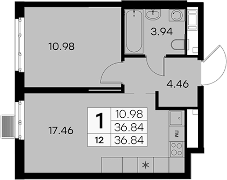 1-комнатная квартира 36.84 м², 3/8 эт., ЖК «Glorax City Балтийская»